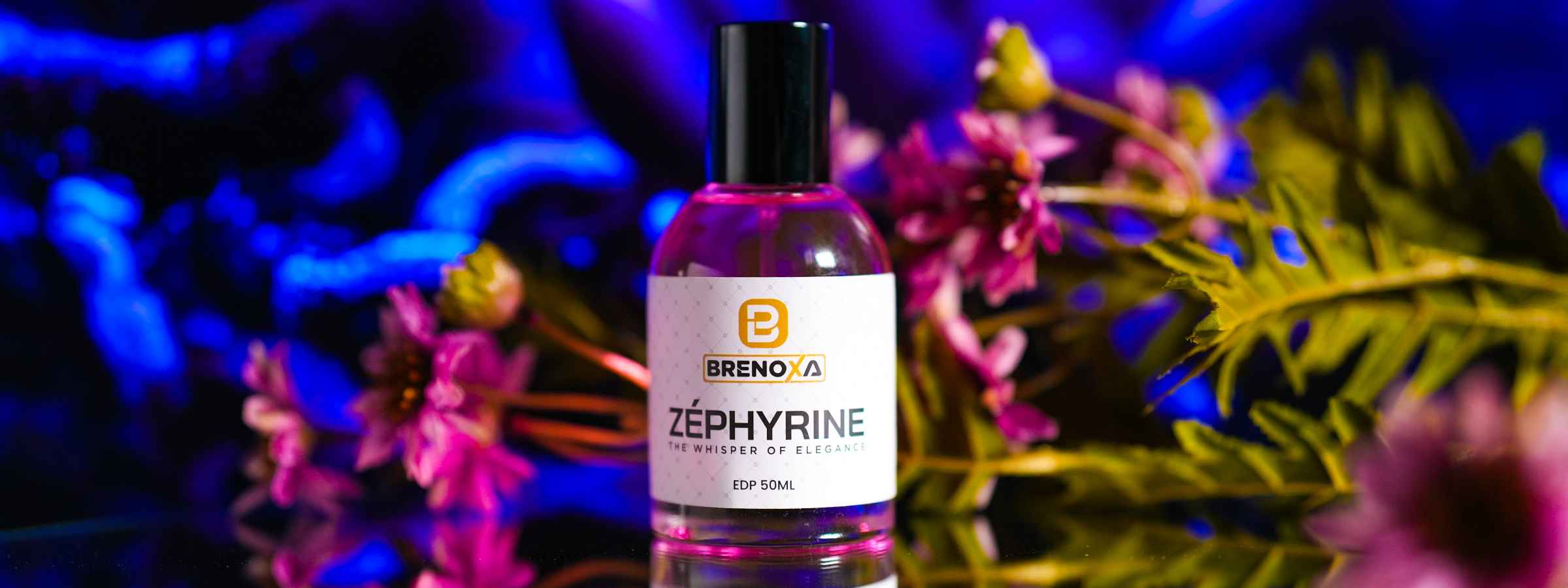 Brenoxa Zéphyrine luxury perfume bottle with pink flowers and vibrant background.
