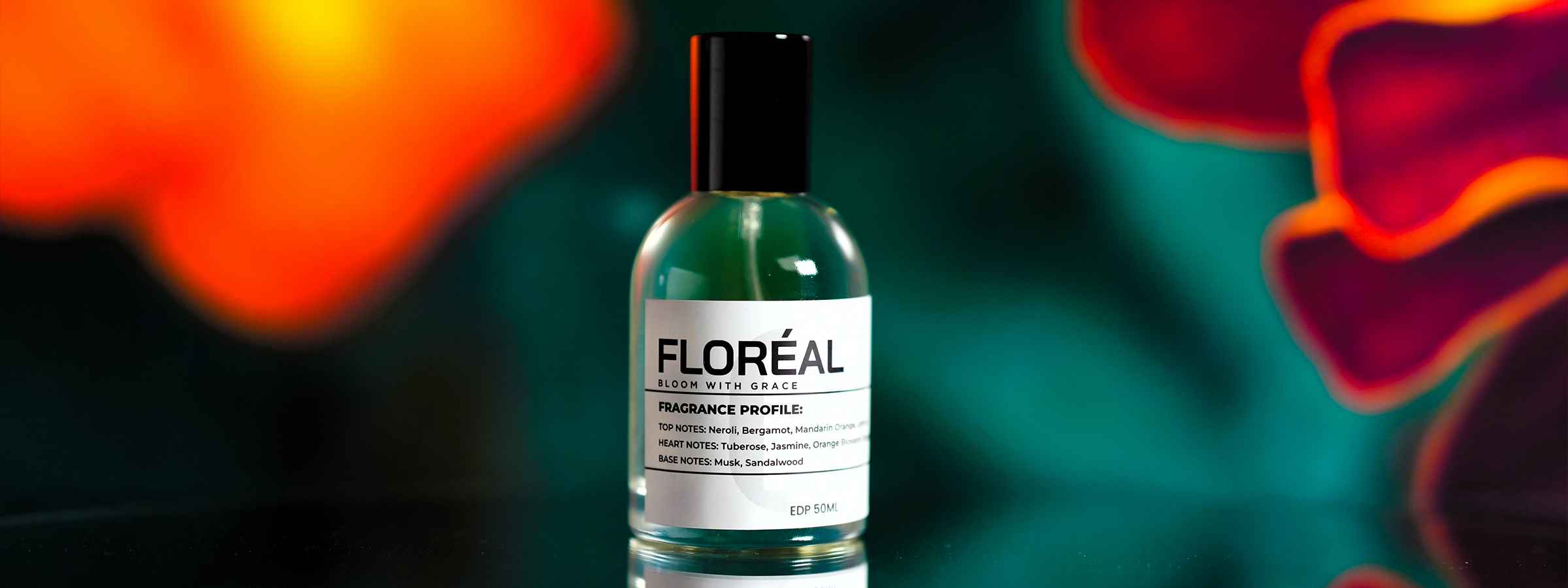 Floréal luxury perfume bottle with floral fragrance background, featuring neroli, jasmine, and sandalwood notes.
